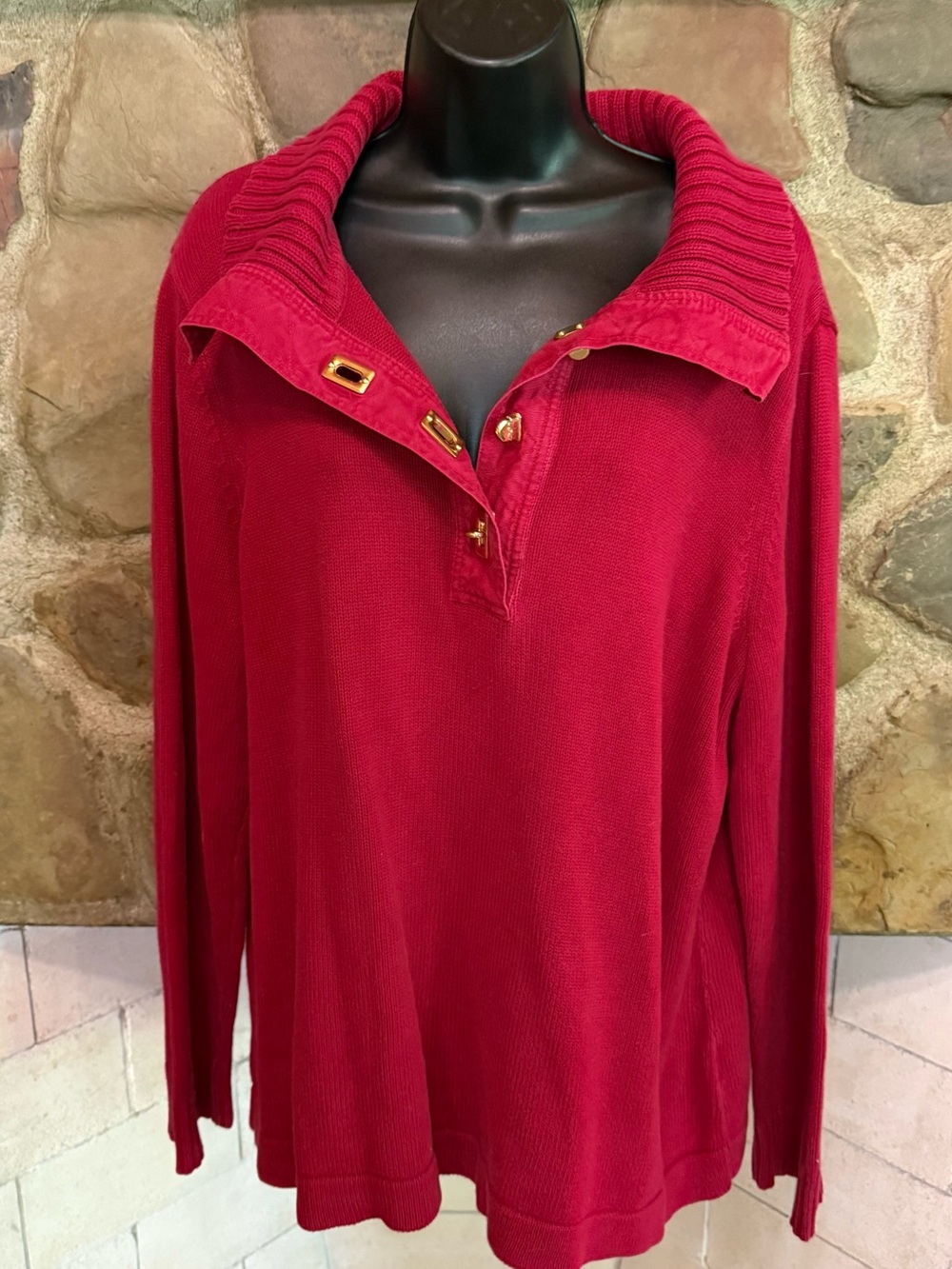 Lauren Ralph Lauren Sweater 2X Red Knit Toggle Button Collar Pullover Plus Size